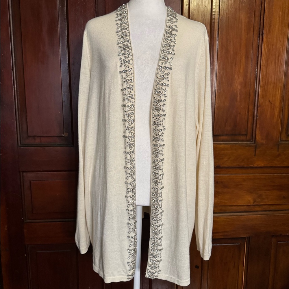 Talbots Open Front Rhinestone Cardigan Size 3X Lambswool/Nylon Blend